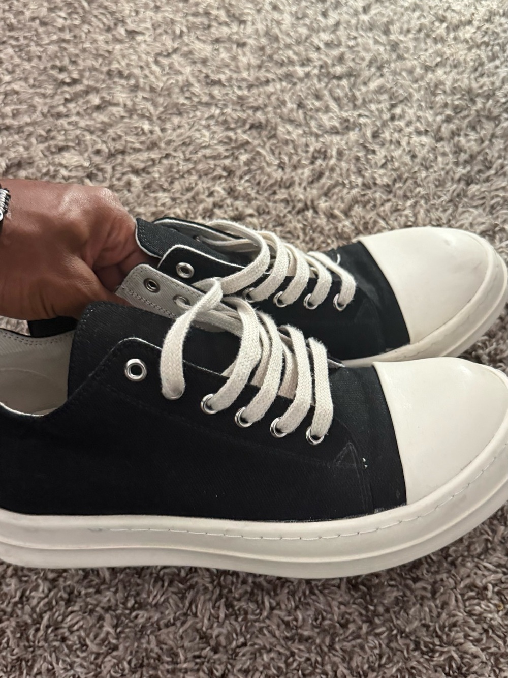 Rick Owens Black Canvas Low-Top Sneakers with White Toe and Laces